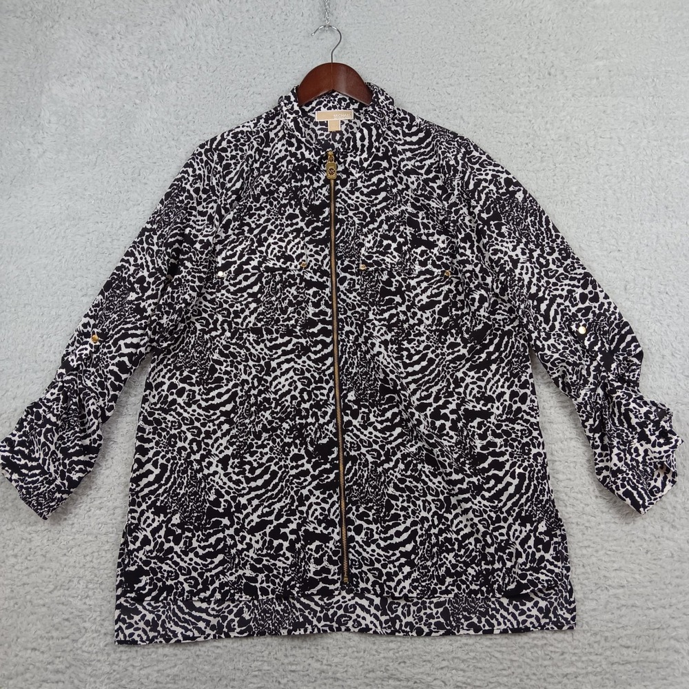 Michael Kors Blouse Zip Front Women XL Black White Animal Print Roll Tab Sleeve